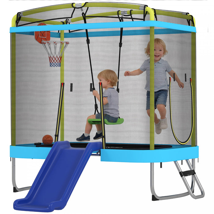 Qaba 70\" x 47\" Trampoline for Kids, Indoor & Outdoor Toddler Trampoline with Slide, Swing, Basketball Hoop, Ladder and Safety Enclosure, Gift for Boys & Girls, Light Blue