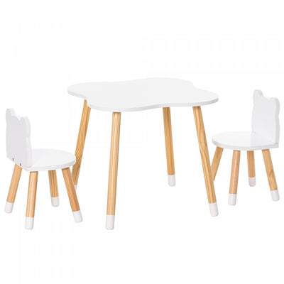 Qaba Kids Wooden Table And 2 Chairs Set Children 3-piece Dining Table With Cute Bear Shape And Round|Qaba Ensemble De Table Et 2 Chaises En Bois Pour Enfants Table A Manger Pour Enfants En Forme D'ours