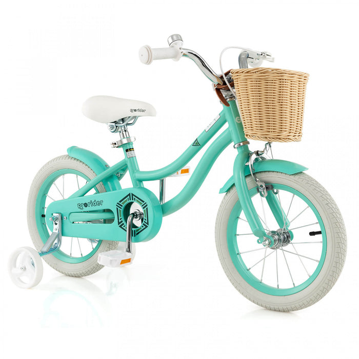 Prorider 14\" Kid's Bike With Training Wheels Adjustable Handlebar Seat Handbrake Green