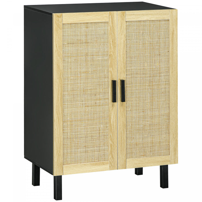 HOMCOM Boho Sideboard Buffet Cabinet with 2 Rattan Doors, Black