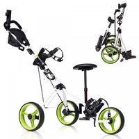 Costway Foldable 3 Wheel Push Pull Golf Club Cart Trolley W/ Seat Scoreboard Bag Swivel