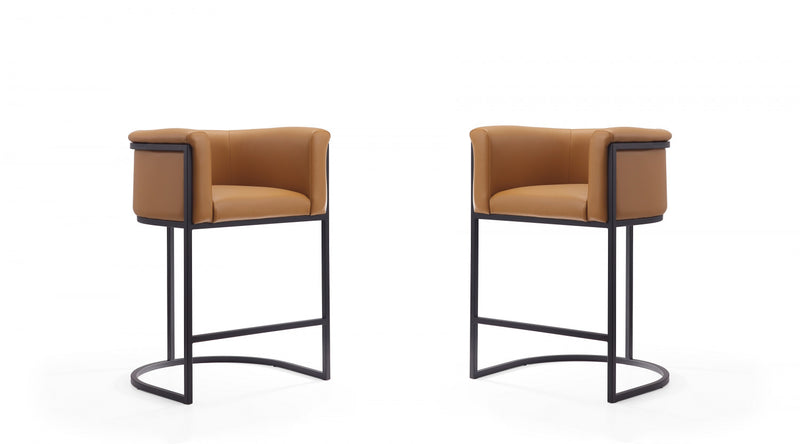 Cosmopolitan Mid-Century Modern Metal Upholstered Counter Stool in Camel - Set of 2 Bar Stool