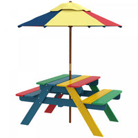 Outsunny Kids Picnic Table Bench Set With Removable Umbrella, Outdoor Wooden Kids Table And Chair Se