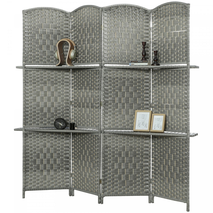 HOMCOM Folding Privacy Screen with Shelves, 4 Panel Room Divider, Grey