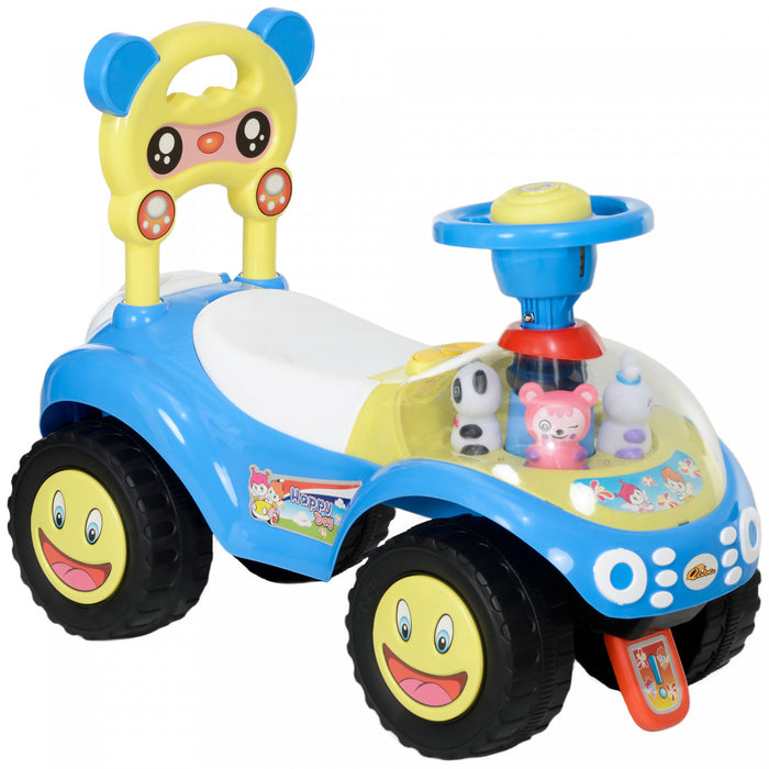 Qaba Push Car for Toddlers, Foot-to-Floor Ride on Car Toy with Horn, Light, Music, Anti-Over-Backwards Device, Steering Wheel, Under Seat Storage for 1.5-3 Years Old, Blue