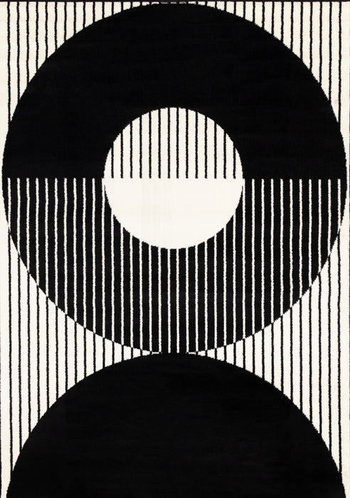 Florence Black White Stripes and Hollow Circle Modern Design, 7'6\" x 9'6\" Indoor Area Rug