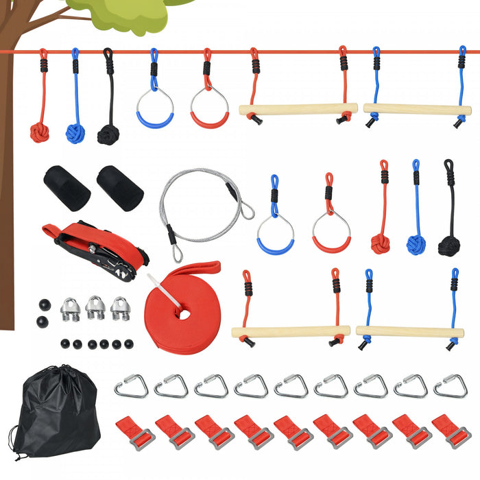 Outsunny 33FT Ninja Slackline Set, 30-Piece, 10m Rope with Obstacles, Climbing Frame, Outdoor Climbing Training, Playset Equipment for Children Aged 3-6, Gymnastics Rings, Ropes