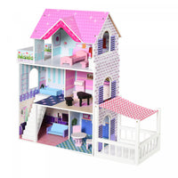 Qaba 2.9ft Kids Wooden Dollhouse Dreamhouse Villa With Patio Dollhouse With Furniture Accessories Ki