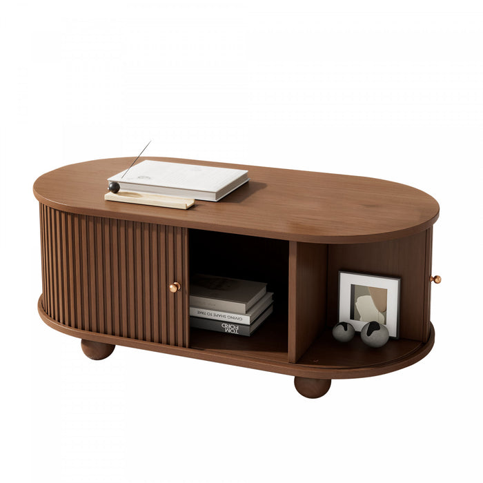 Ethan Oval Coffee Table with Sliding Doors and Hidden Storage,Dark Wood