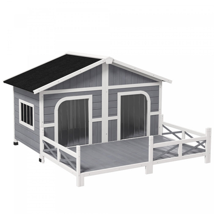 Pawhut 59\"x64\"x39\" Wood Dog House Outdoor Cabin Style Elevated Pet Shelter W/porch Deck, Grey