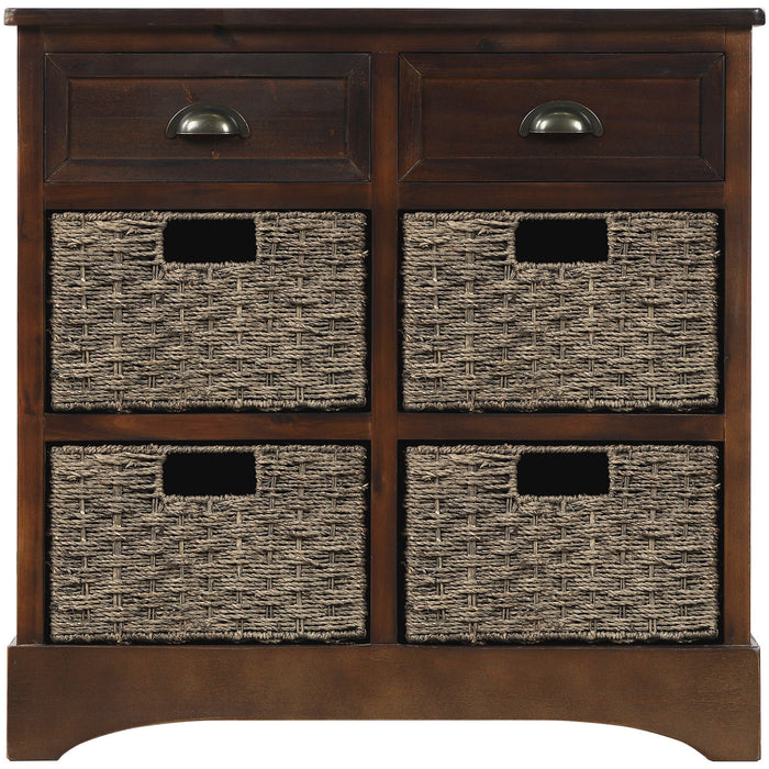 Tobey Solid Wood Storage Cabinet With 2 Drawers And 4 Rattan Baskets,espresso Accent Cabinet