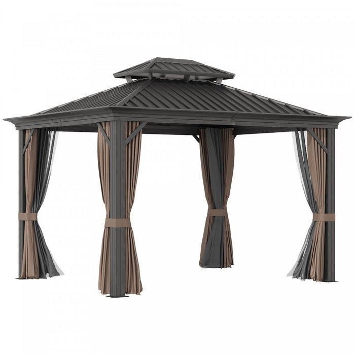Outsunny 10' X 12' Outdoor Hardtop Gazebo With Galvanized Steel Canopy & Netting Sidewalls For Lawn, Backyard, Brown