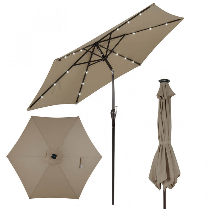 Costway 9' Solar LED Lighted Patio Market Umbrella Tilt Adjustment Crank Lift Tan