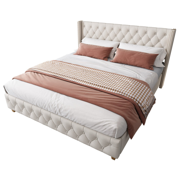 Haley Linen Upholstered Platform Bed with Classic Wingback Headboard and Diamond Tufted Upholstery,King Size,Beige King Bed