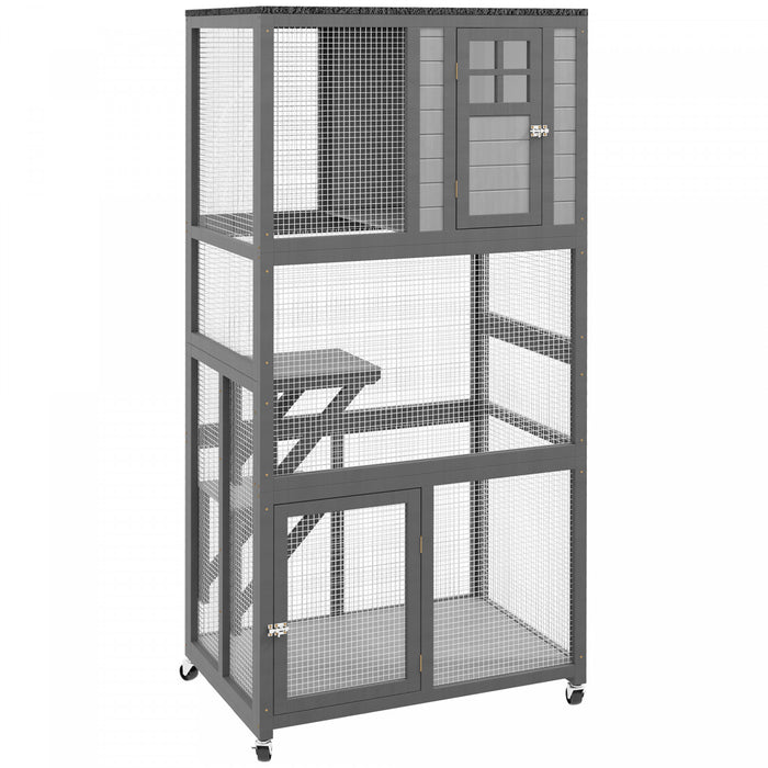 Pawhut 74\" Wooden Outdoor Cat House Weatherproof & Wheeled, Catio Outdoor Cat Enclosure With High Weight Capacity, Kitten Cage Condo, Light Grey