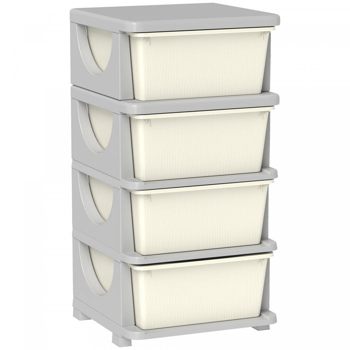 Qaba Kids Toy Storage Organizer With 4 Plastic Bins, 4 Tier Drawer Chest Utility For Kids Bedroom Nursery Kindergarten Living Room For Boys Girls Toddlers, Cream White