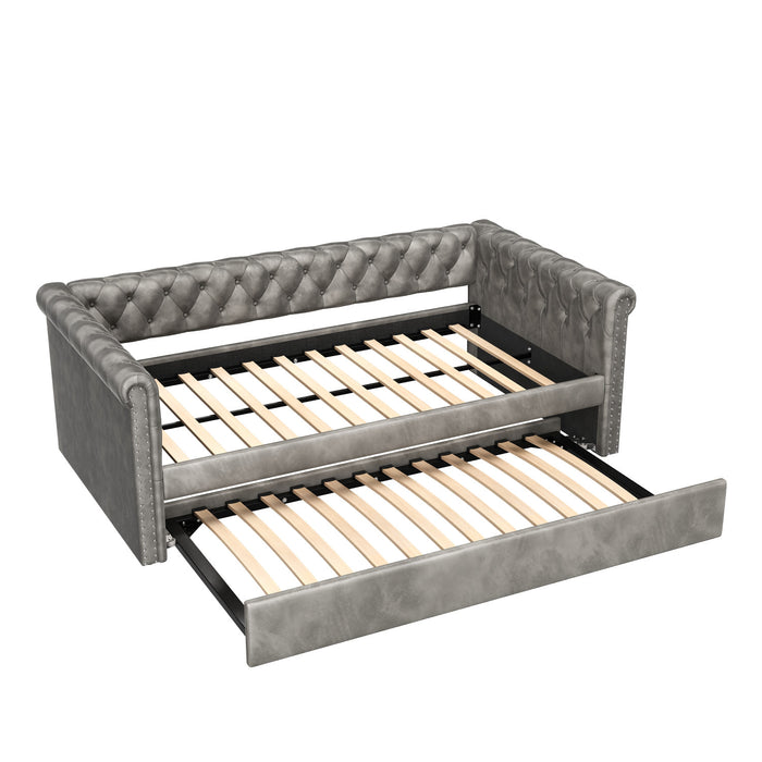 Sophia Tufted Design Upholstered Daybed with Trundle and Comfortable Backrest,Grey