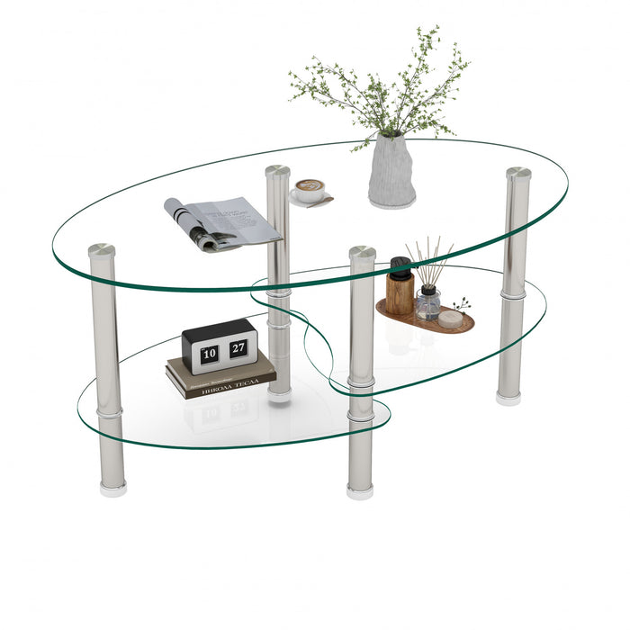 Sophia Modern Transparent Oval Glass Coffee Table with Stainless Steel Legs,Transparent