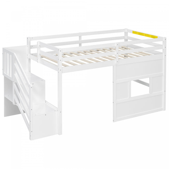 Pepys Modern Loft Bed with Storage Staircase and Window,Twin Size,White Twin Bed