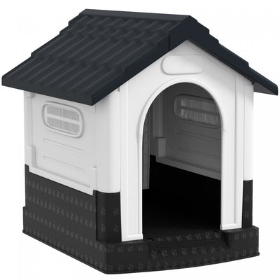 PawHut Outdoor Dog House, Plastic Dog Kennel, Water-Resistant Pet Shelter with Windows, Base Support for Garden Patio, Miniature Dogs, 64.5 x 57 x 66cm - Dark Grey