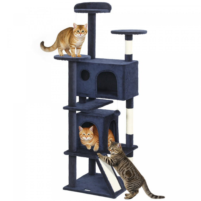 PawHut 63\" Cat Tree, Cat Tower for Indoor Cats with Scratching Posts, Cat Condos, Bed, Platforms, Ramp, Toy Ball, Cat Activity Center, Dark Blue