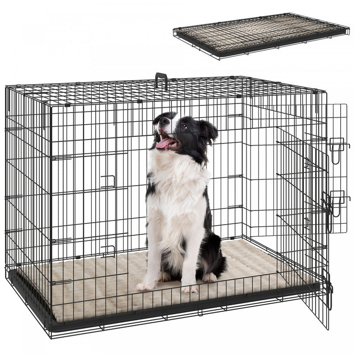 Pawhut Dog Crate, 41\" Folding Metal Dog Kennel With 2 Doors, Removable Tray, Soft Cushion, Handle, Pet Cage For Extra Large Dogs, Black