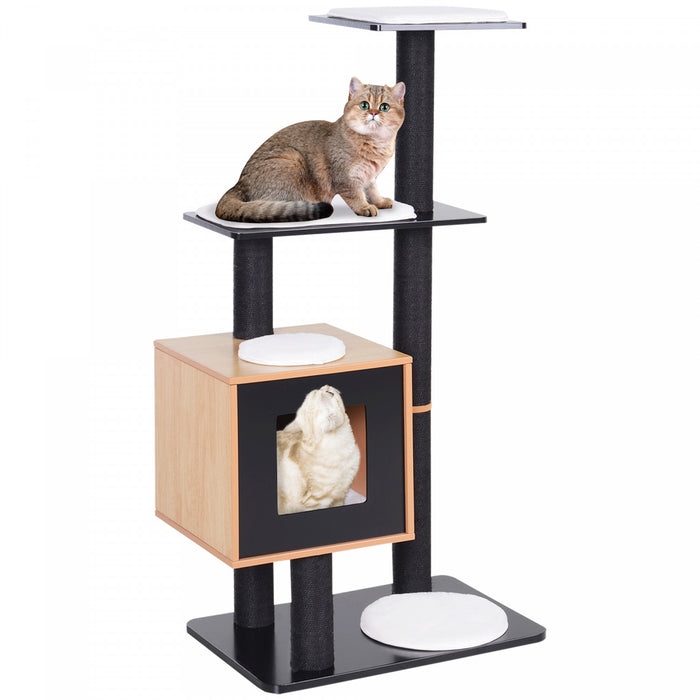 Pawhut 47\" Wood Cat Tree, Cat Condo Tower With Scratching Post, Toy Ball, Black
