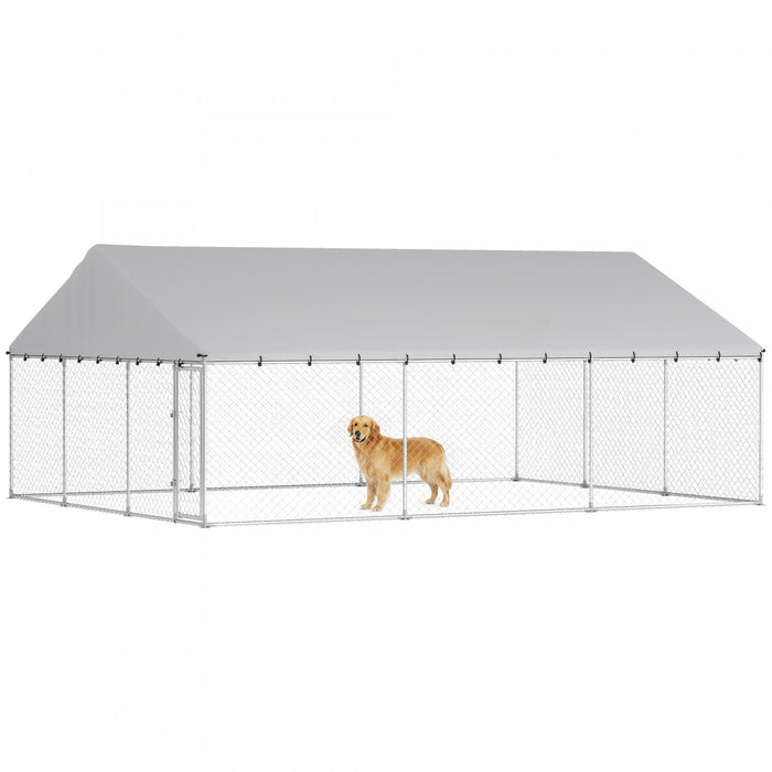 PawHut Large Dog Kennel with Roof and Safety Lockable Latches, Heavy-Duty Galvanized Steel Dog Run Chain Link w/ Waterproof UV-Resistant Cover, 19.7' x 14.8' x 7.9'