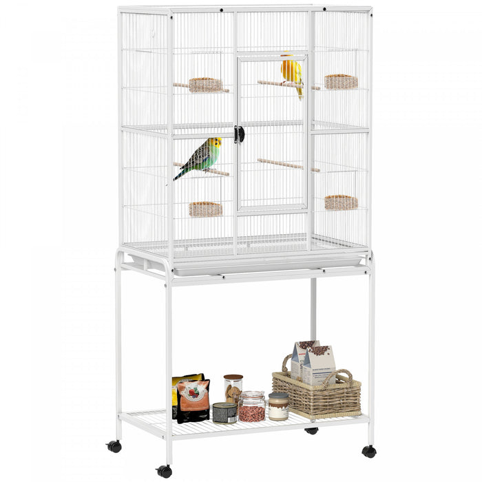 PawHut 64\" Large Bird Cage, Rolling Metal Parrot Cage, Bird House with Detachable Rolling Stand, Storage Shelf, Wood Perch, Food Container, 32\" x 19\" x 64\", White