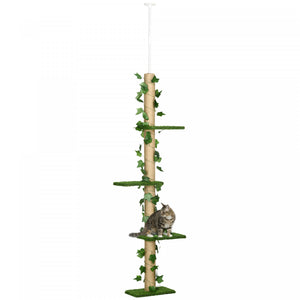 Pawhut 4-tier Floor To Ceiling Cat Tree, Height(80-95inches)adjustable, Tall Cat Tower W/ Anti-slip Kit, Leaves, Multi-layer Activity Centre W/ Scratching Post