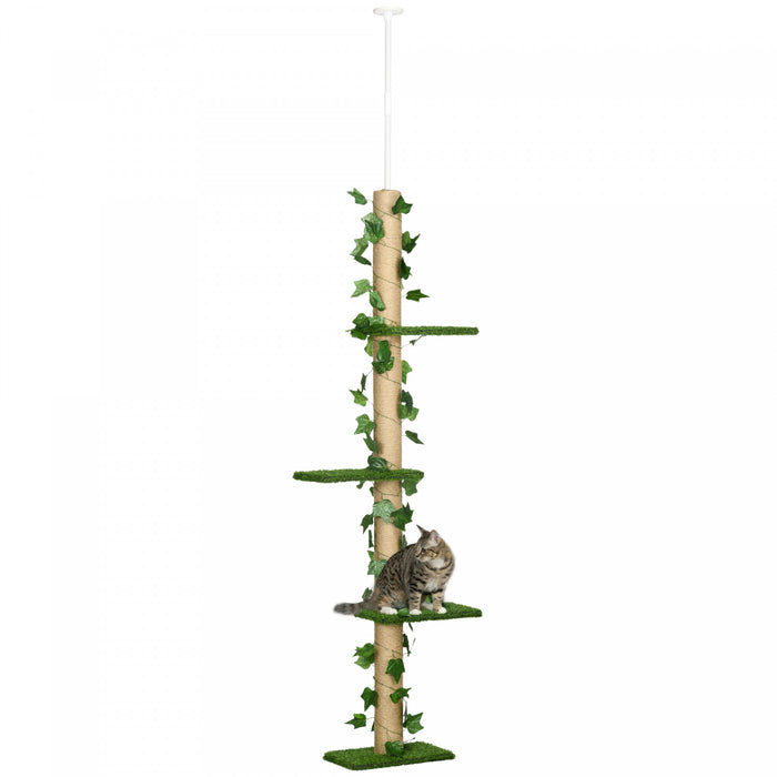 Pawhut 4-tier Floor To Ceiling Cat Tree, Height(80-95inches)adjustable, Tall Cat Tower W/ Anti-slip Kit, Leaves, Multi-layer Activity Centre W/ Scratching Post