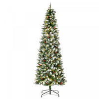 Homcom 7.5' Prelit Flocked Artificial Xmas Tree W/ Pine Cones, Berries