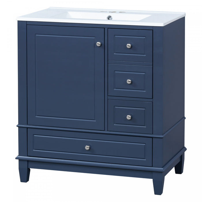 Emma 30\" Solid Wood Bathroom Vanity with Ceramic Sink and Soft-Close Door, Blue