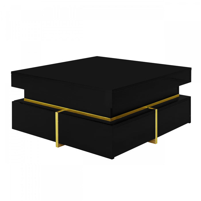 Ava High-Gloss Coffee Table with Storage Drawers and Gold Accents,Black