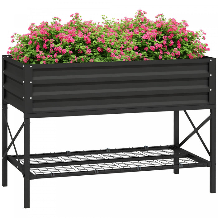 Outsunny Galvanized Raised Garden Bed with Legs and Storage Shelf, Black