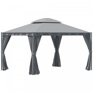Outsunny 10x13ft Garden Gazebo Double-tiered With Curtain Outdoor Shelter Backyard Canopy Grey