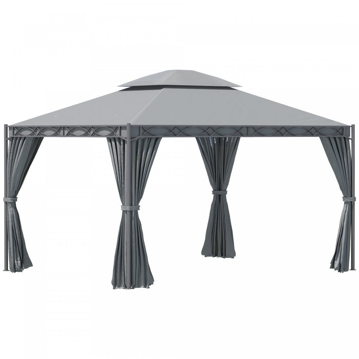 Outsunny 10x13ft Garden Gazebo Double-tiered With Curtain Outdoor Shelter Backyard Canopy Grey