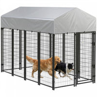 PawHut 8' x 4' x 6' Dog Run Outdoor, Large Outdoor Dog Kennel Welded Wire Steel Fence with UV-Resistant & Waterproof Cover, Dual Escape-proof Lock, Silver