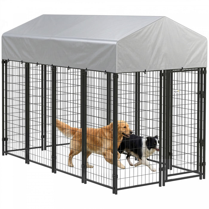 PawHut 8' x 4' x 6' Dog Run Outdoor, Large Outdoor Dog Kennel Welded Wire Steel Fence with UV-Resistant & Waterproof Cover, Dual Escape-proof Lock, Silver