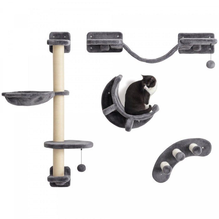 Pawhut 4pcs Cat Wall Shelf With Scratching Post, Cat Wall Shelves For Relaxing, Climbing, Cat Wall With Soft Ladder, Hammock, Play Balls, Dark Grey