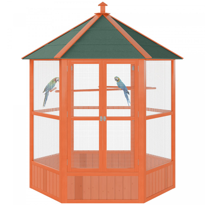 Pawhut Bird Cage, 70\"h Wooden Parrot Cage, Large Hexagonal Outdoor Aviary With Asphalt Roof, Doors, Brown