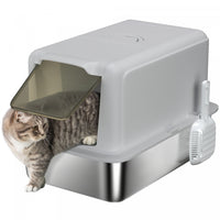 Pawhut Extra Large Cat Litter Box With Scoop, Stainless Steel Kitty Litter Box With Removable Lid For Small To Large Cats, Easy To Clean, Grey