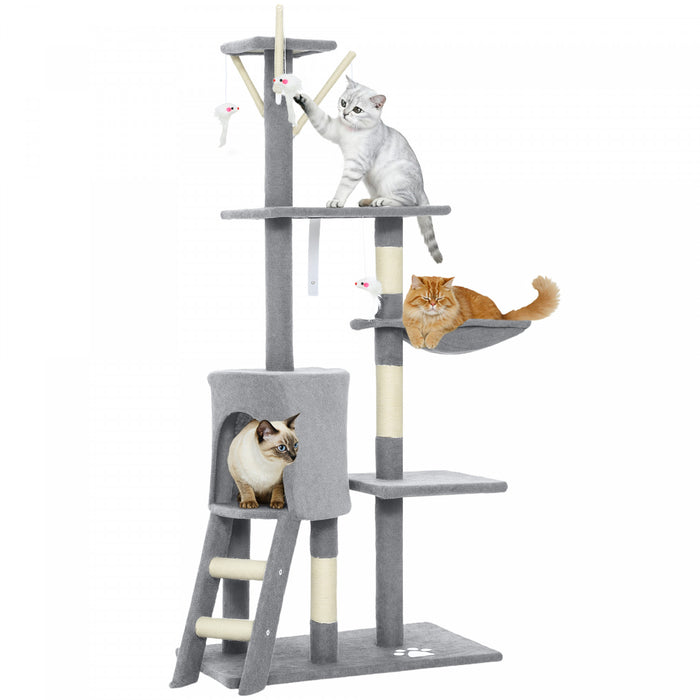 PawHut Cat Tree, 53\" Cat Tower for Indoor Kittens with Sisal Scratching Posts, Plush Perches, Condo, Hammock, Ladder, Dangling Toys, Multi-Level Kitty Activity Centre, Grey