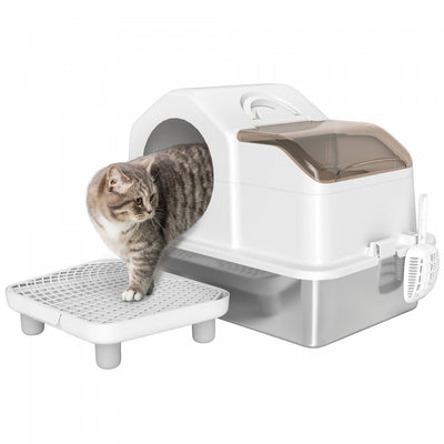 Pawhut Stainless Steel Cat Litter Box With Removable Lid, Extra Large Enclosed Litter Box With High Sided, Mats, Scoop, Odor Free, Non-sticky, Anti-leakage, Easy Clean, For Big Cat