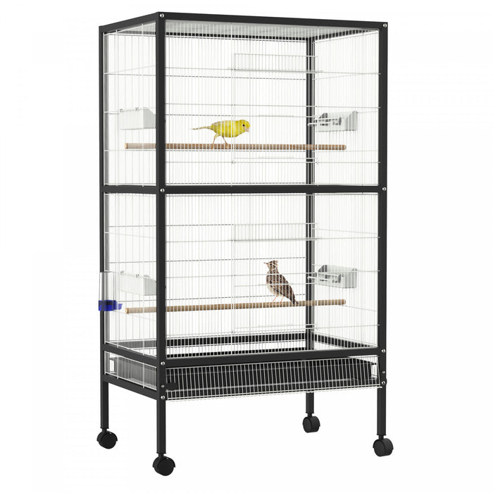 Pawhut 30x20.5x54-inch Bird Cage Parrot Macaw Finch Cockatoo Flight Cage With Wheels Black/white
