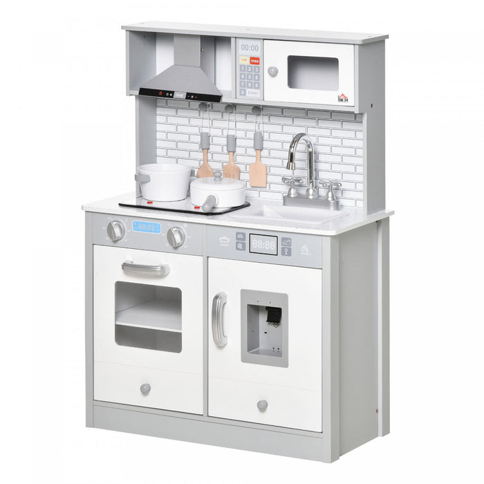 Qaba Kids Kitchen Playset For Toddlers, Pretend Role Toy Set Gift With Battery Operated Cooktop, Ice Machine, Dot Pattern Countertop For Kids Boys Girls Ages 3 To 6 - Grey