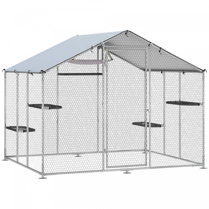 PawHut Large Catio Outdoor Cat Enclosure, Galvanized Steel Walk-in Kitty Cage for Multiple Kittens, with Waterproof Cover, 5 Adjustable Platforms, Hammock, 94.5\" W x 76\" D x 77\" H