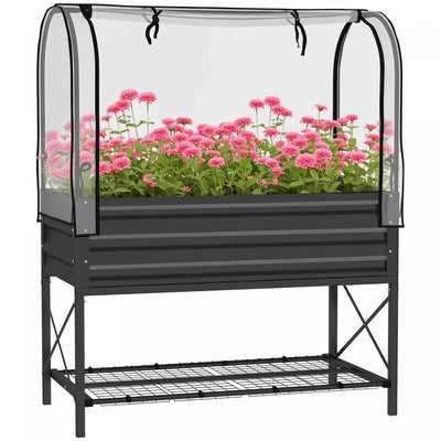 Outsunny Metal Raised Garden Bed with Cover, Black