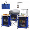Outsunny Folding Camping Kitchen Table with Storage, Aluminum Portable Camping Table with 3 Fabric Cupboards, Windshield, Light Stand, Carrying Bag for BBQ, RV, Picnic, Blue