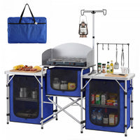 Outsunny Folding Camping Kitchen Table with Storage, Aluminum Portable Camping Table with 3 Fabric Cupboards, Windshield, Light Stand, Carrying Bag for BBQ, RV, Picnic, Blue